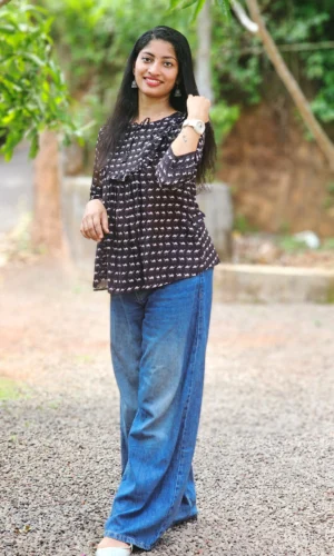 Black Cotton Block Print Short Top for Women