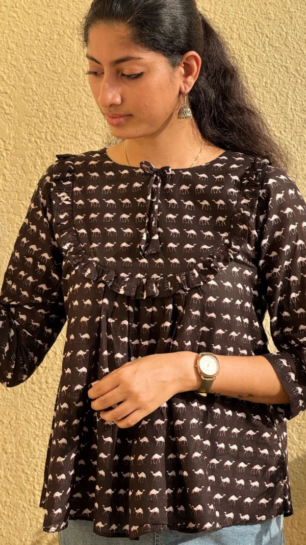 Black Cotton Block Print Short Top for Women | MIRAY - Image 5