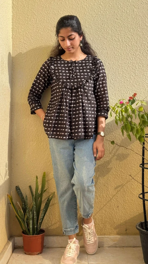 Black Cotton Block Print Short Top for Women | MIRAY - Image 2
