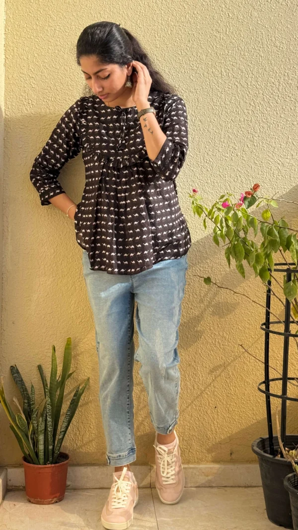 Black Cotton Block Print Short Top for Women | MIRAY - Image 3