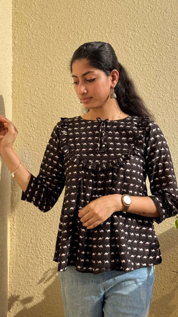 Black Cotton Block Print Short Top for Women | MIRAY - Image 4