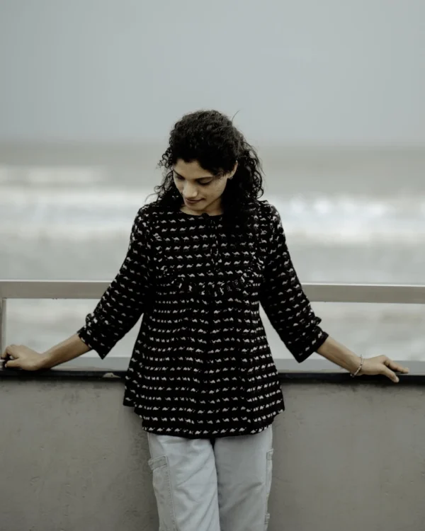 Black Cotton Block Print Short Top for Women | MIRAY - Image 2