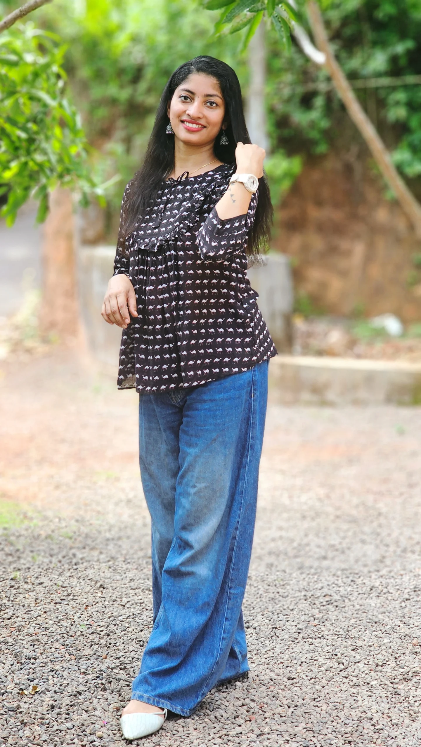 Black Cotton Block Print Short Top for Women