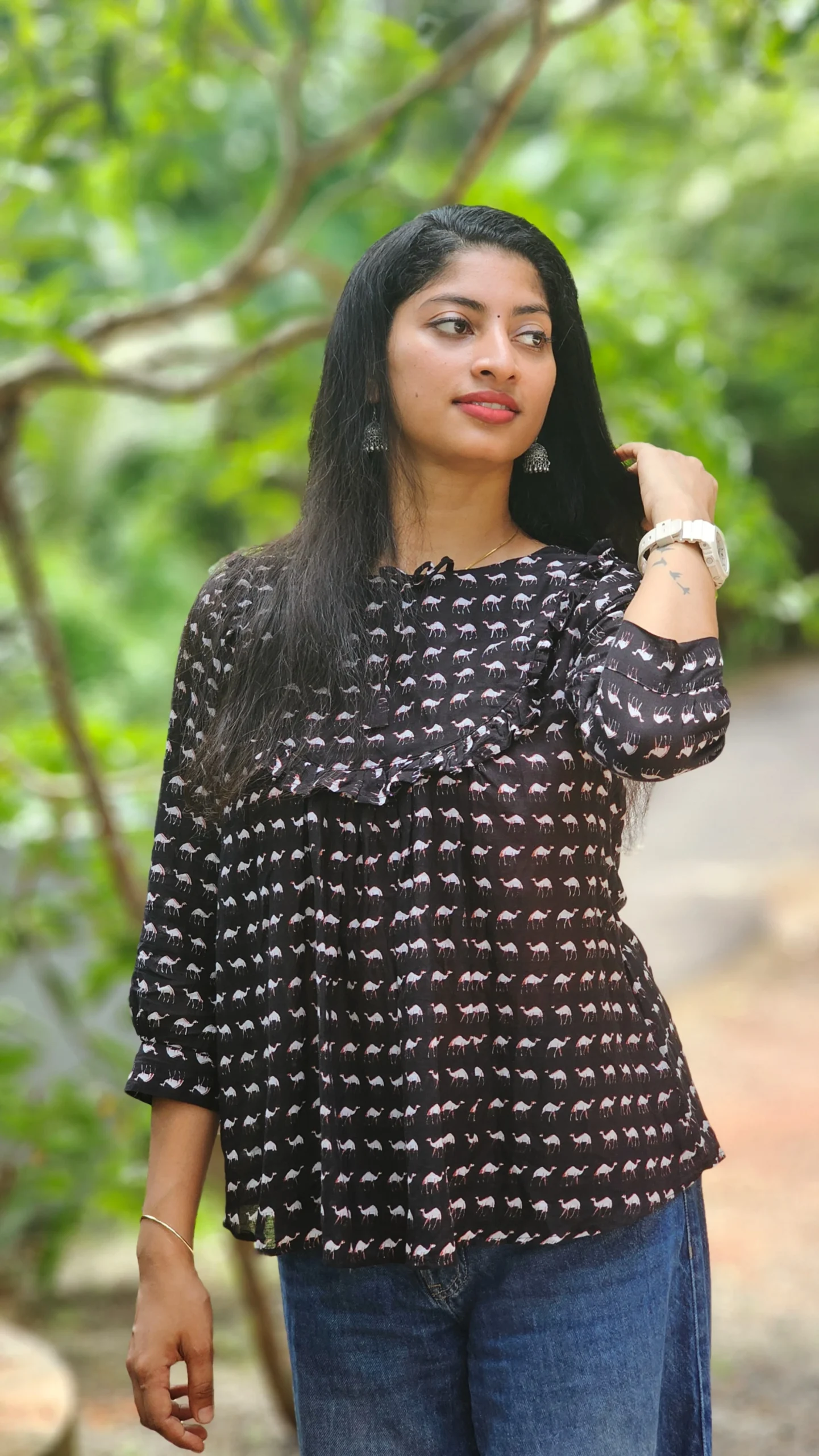 Black Cotton Block Print Short Top for Women - Image 3