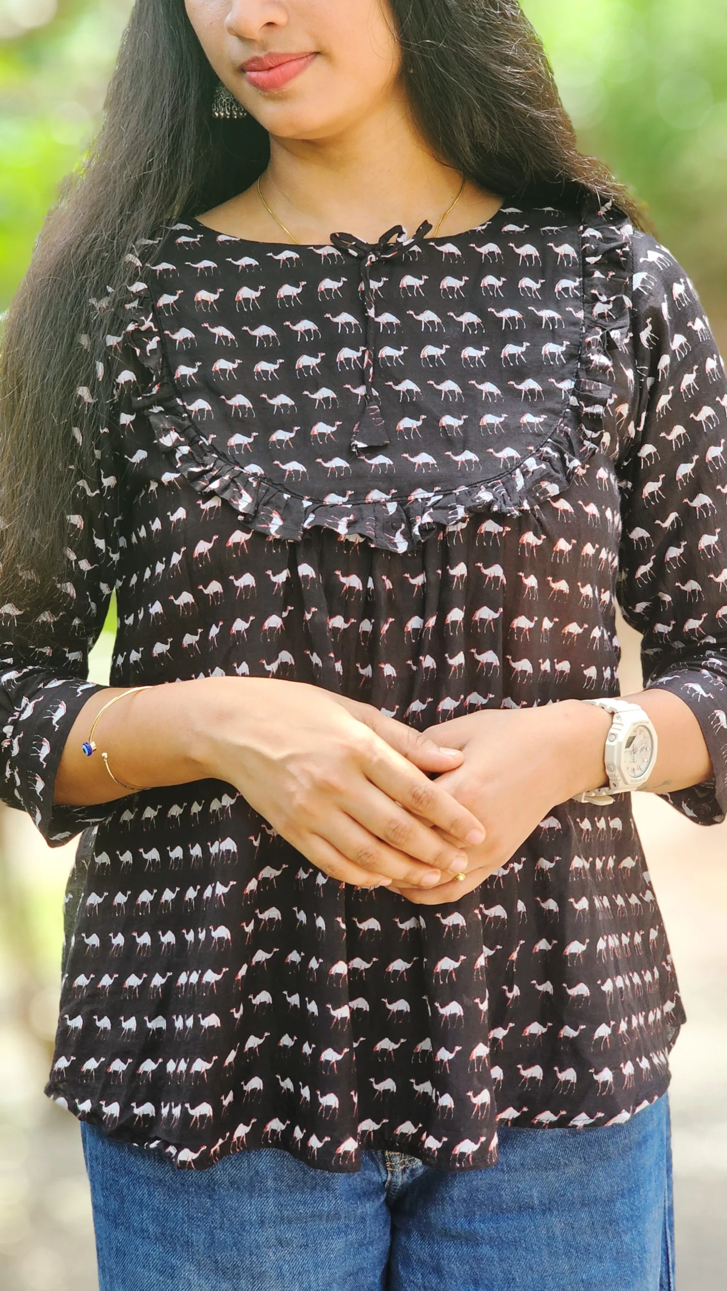 Black Cotton Block Print Short Top for Women - Image 4