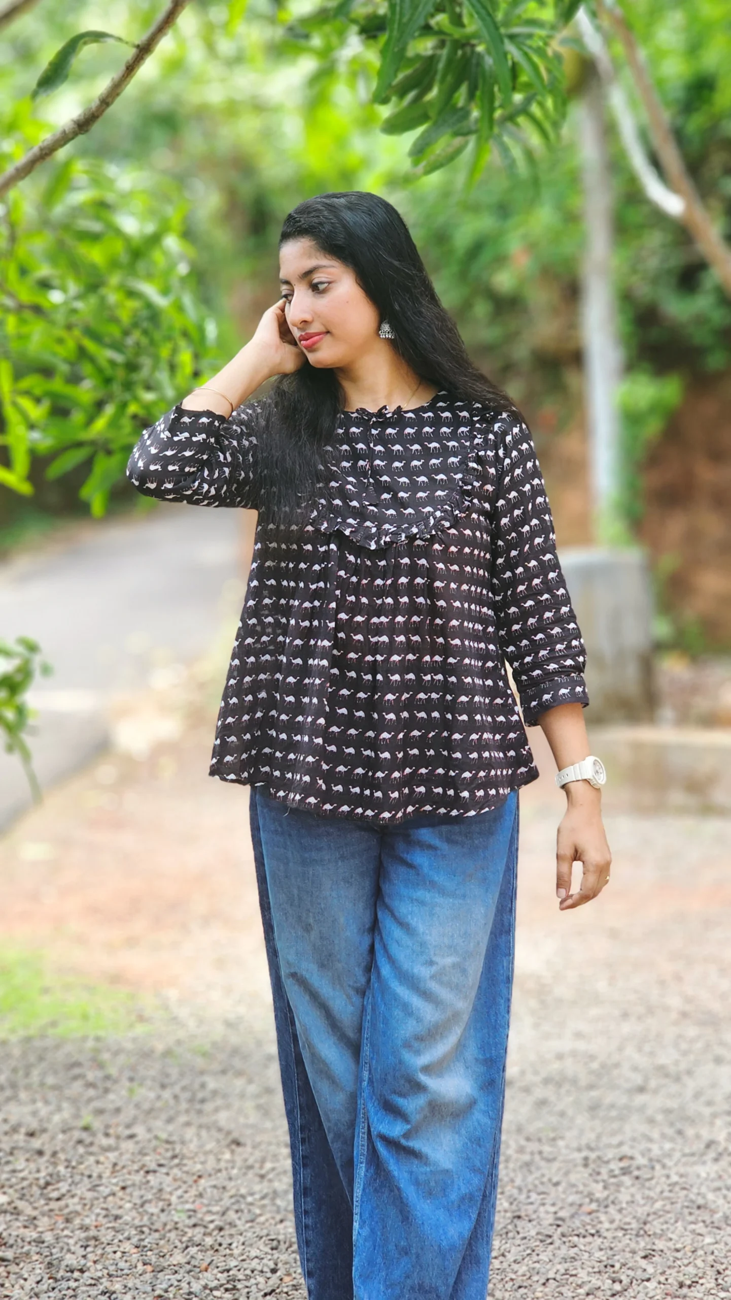 Black Cotton Block Print Short Top for Women - Image 5