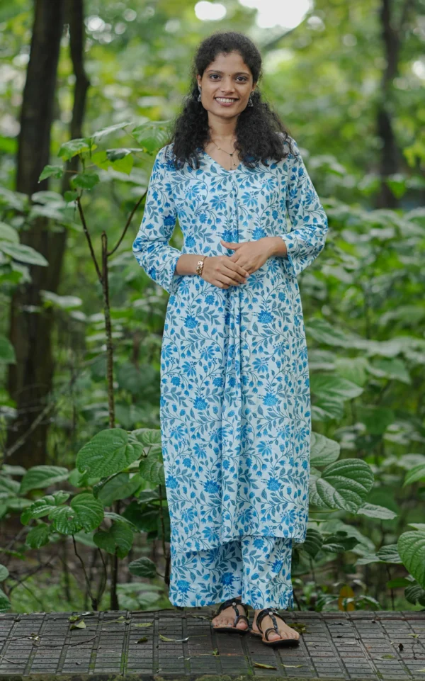 MIRAY’s Blue Floral Cotton Co-Ord Set – Elegant Kurta & Pants Combo for Everyday Comfort - Image 3