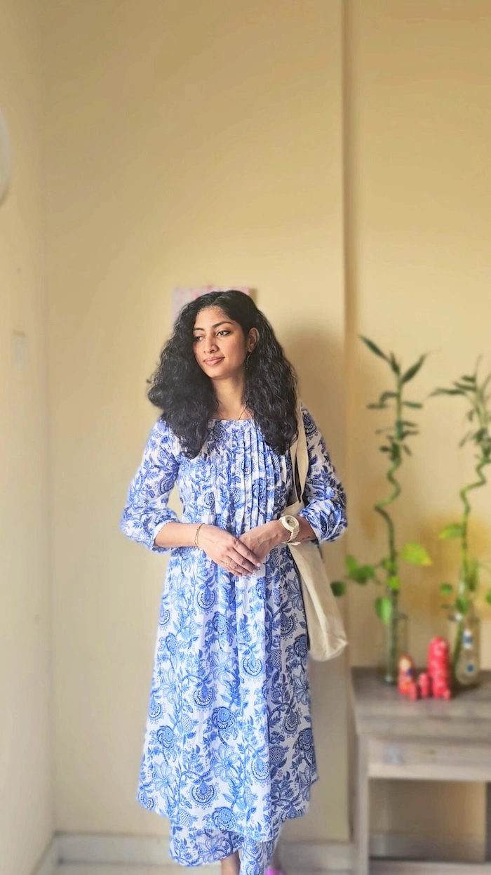MIRAY's Blue & White Cotton Co-Ord Set – Stylish Floral Kurta with Matching Pants - Image 2