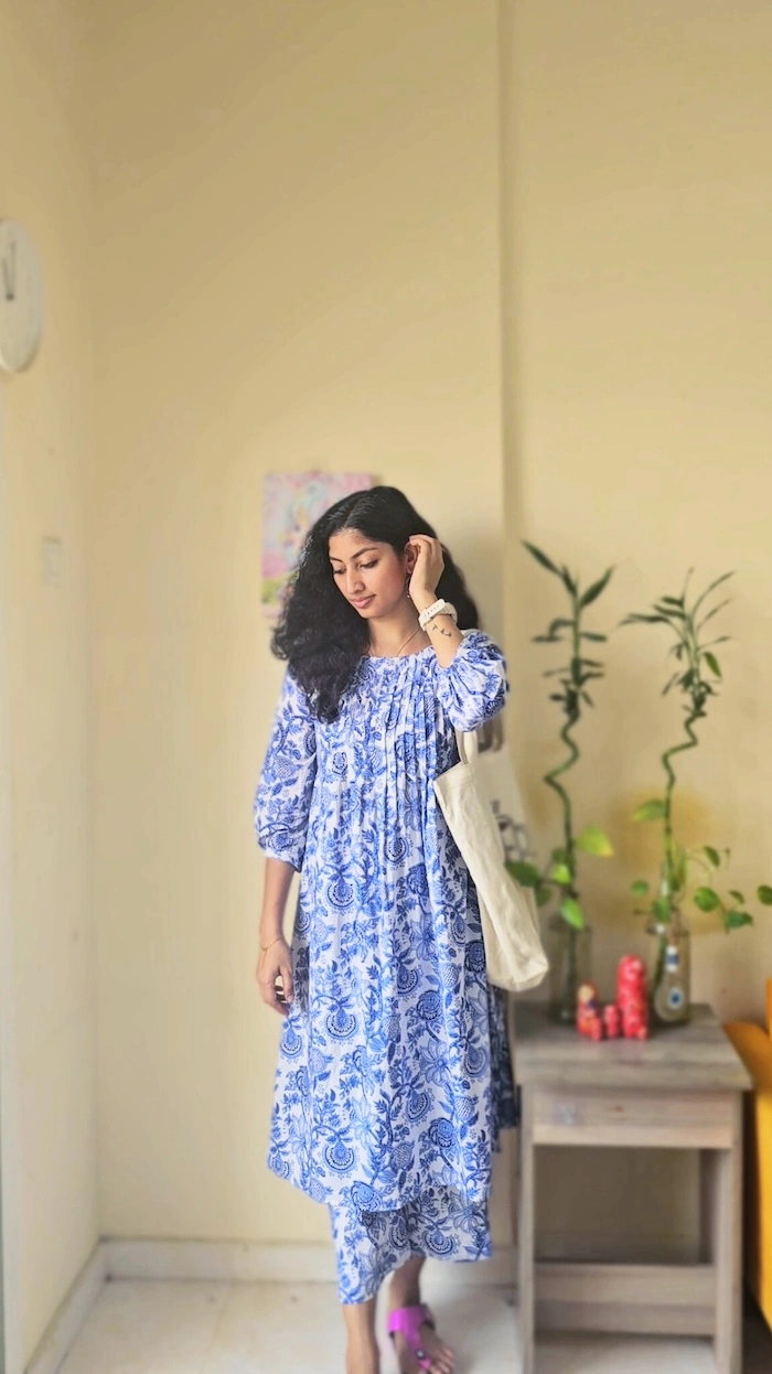 MIRAY's Blue & White Cotton Co-Ord Set – Stylish Floral Kurta with Matching Pants