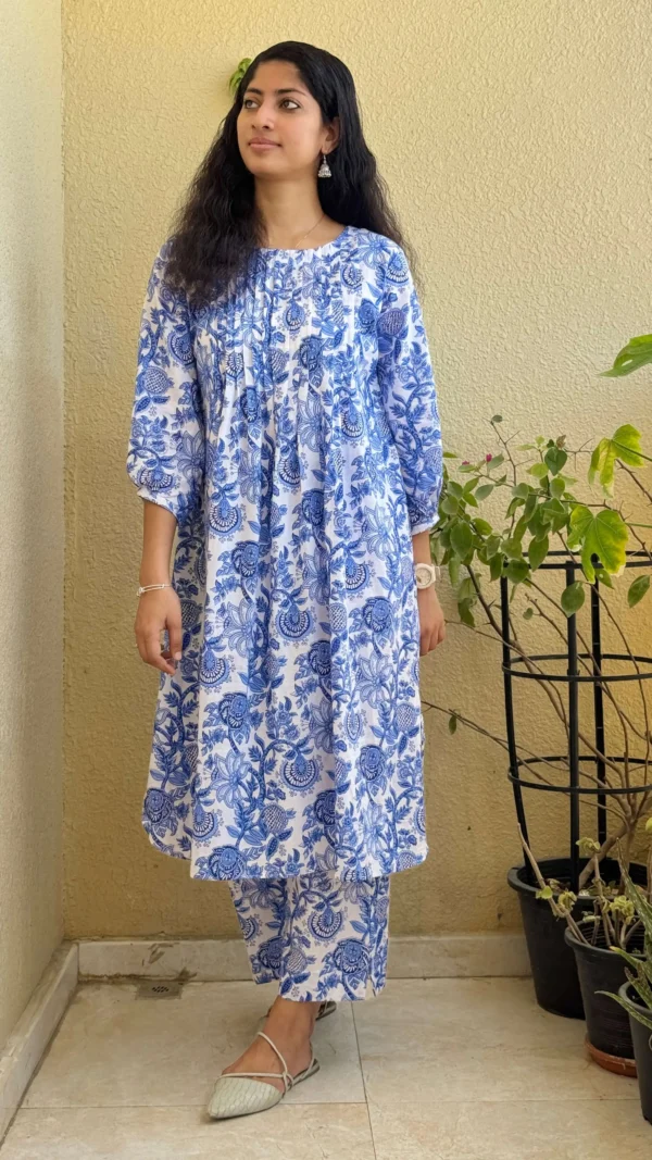 MIRAY's Blue & White Cotton Co-Ord Set – Stylish Floral Kurta with Matching Pants - Image 3