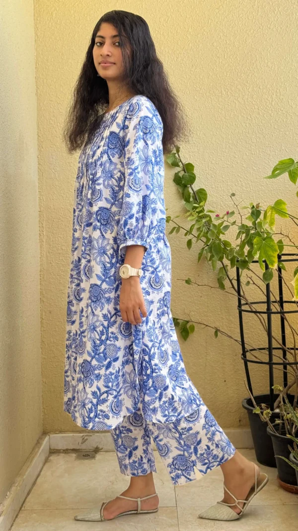 MIRAY's Blue & White Cotton Co-Ord Set – Stylish Floral Kurta with Matching Pants - Image 2