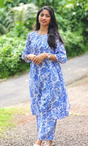 MIRAY's Blue & White Cotton Co-Ord Set – Stylish Floral Kurta with Matching Pants