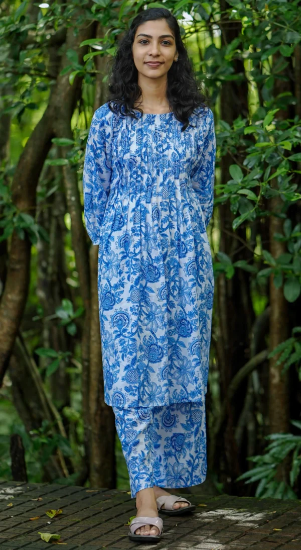 MIRAY's Blue & White Cotton Co-Ord Set – Stylish Floral Kurta with Matching Pants - Image 3