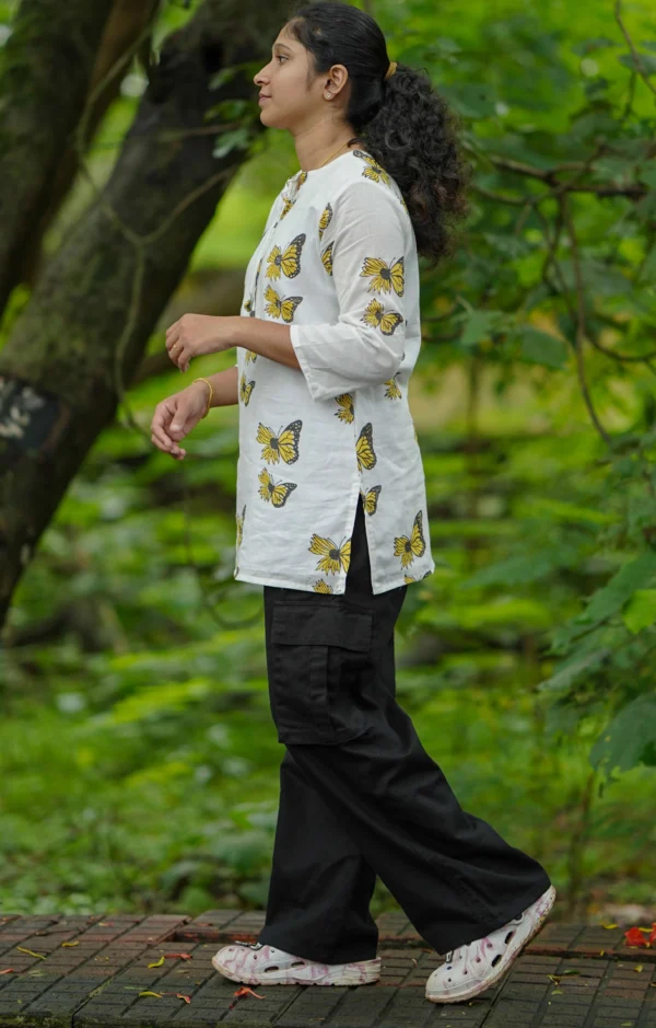 MIRAY Women's White Cotton Kurti – Butterfly Print Tunic Top with Tie-Up Neck - Image 2