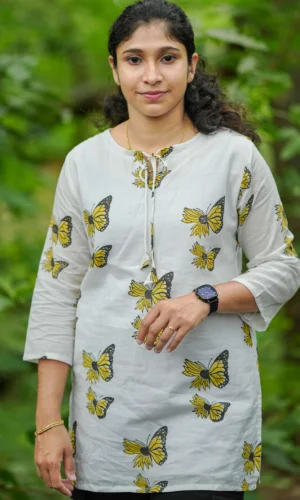 Butterfly Print Tunic Top with Tie-Up Neck