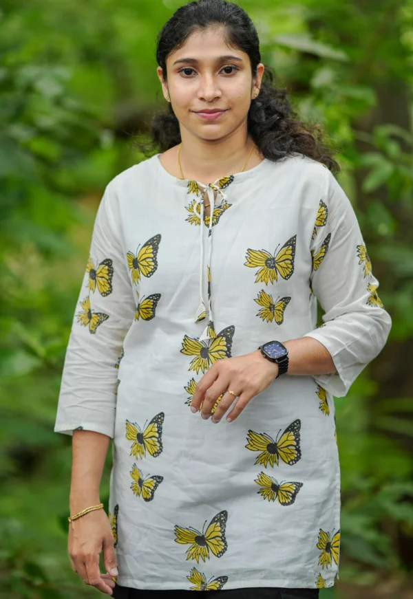 Butterfly Print Tunic Top with Tie-Up Neck
