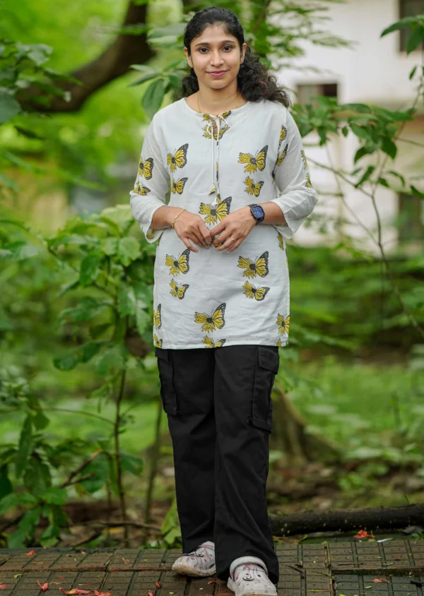 MIRAY Women's White Cotton Kurti – Butterfly Print Tunic Top with Tie-Up Neck - Image 3