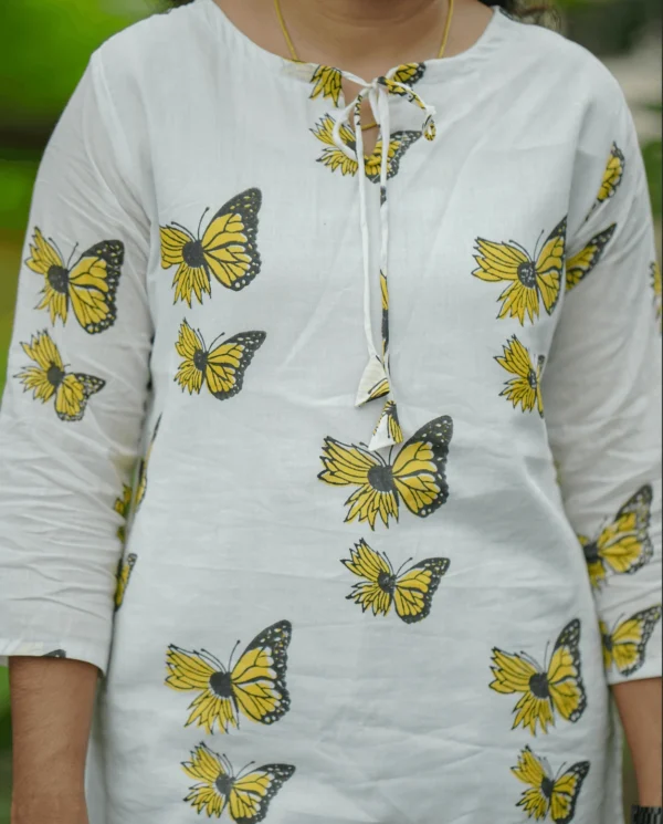 MIRAY Women's White Cotton Kurti – Butterfly Print Tunic Top with Tie-Up Neck - Image 5