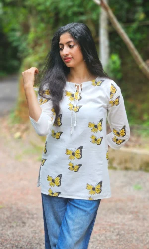 MIRAY Women's White Cotton Kurti – Butterfly Print Tunic Top with Tie-Up Neck |MIRAY