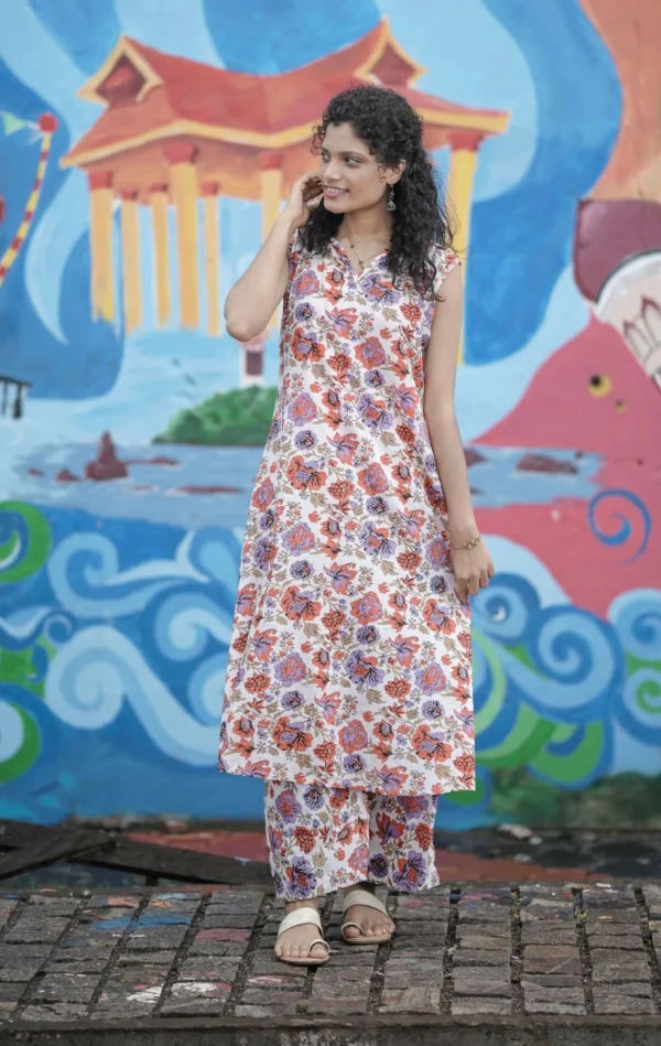 Floral Cotton Block Print Co-ord Set – Sleeveless Kurti & Tapered Pants | MIRAY - Image 4