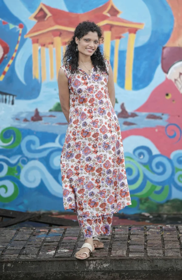 Floral Cotton Block Print Co-ord Set – Sleeveless Kurti & Tapered Pants | MIRAY - Image 3