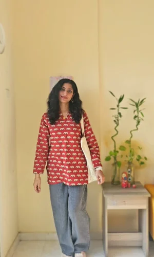 Women's Handblock Printed Cotton Elephant Top – Maroon & Beige | MIRAY