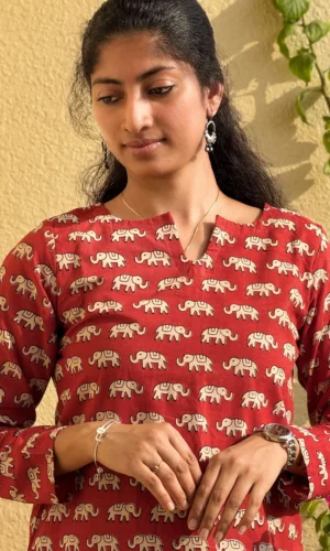Handblock Printed Cotton Elephant Top – Maroon & Beige