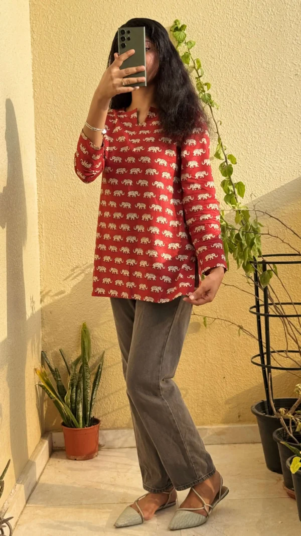 Women's Handblock Printed Cotton Elephant Top – Maroon & Beige | MIRAY - Image 2