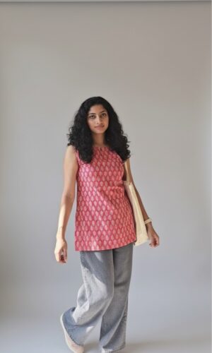 Sleeveless Cotton Kurti – Red Hand Block Printed Tunic Top