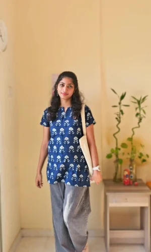 MIRAY Women's Cotton Short Kurti – Indigo Blue Hand Block Printed Casual Top