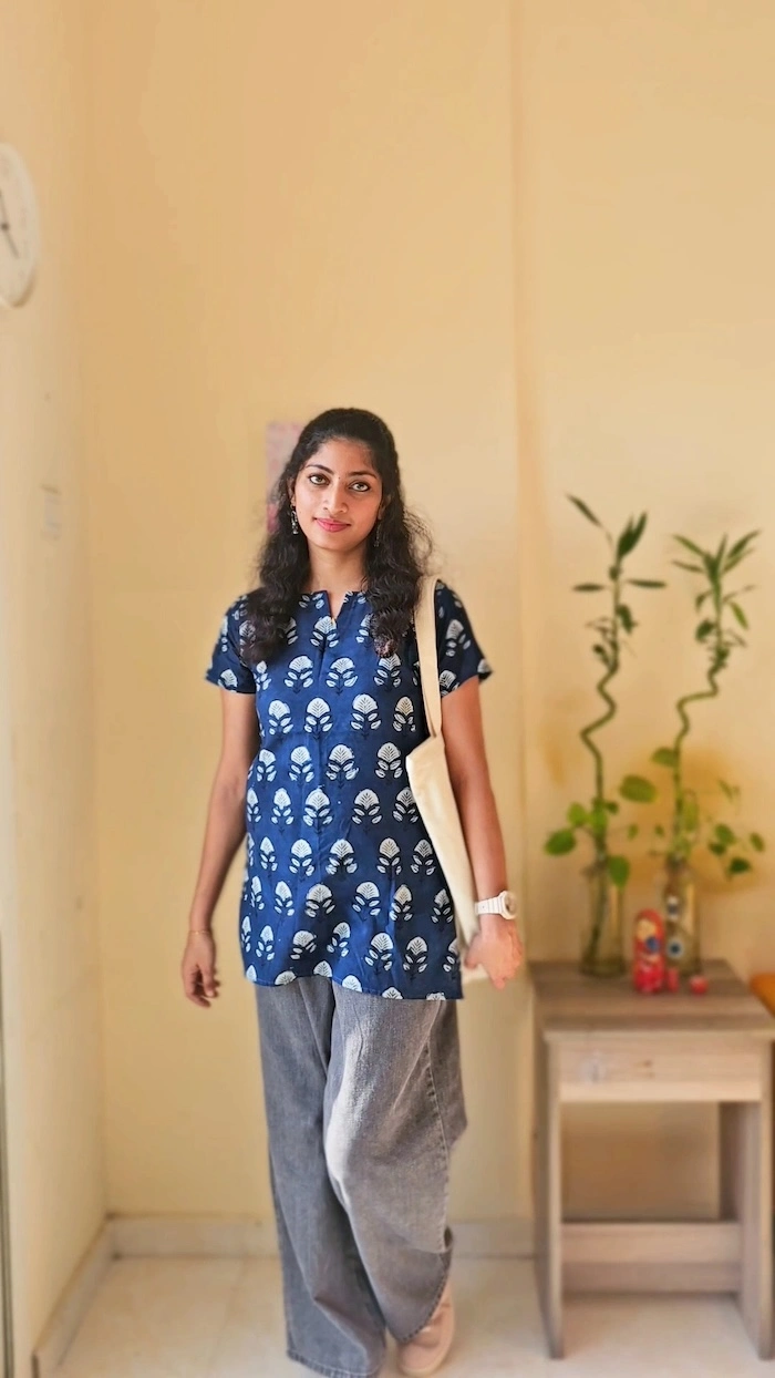 MIRAY Women's Cotton Short Kurti – Indigo Blue Hand Block Printed Casual Top