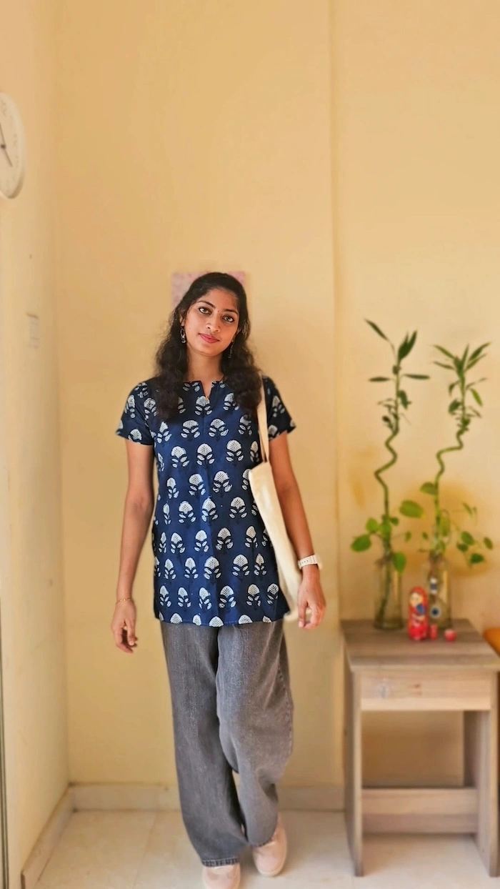 MIRAY Women's Cotton Short Kurti – Indigo Blue Hand Block Printed Casual Top - Image 3