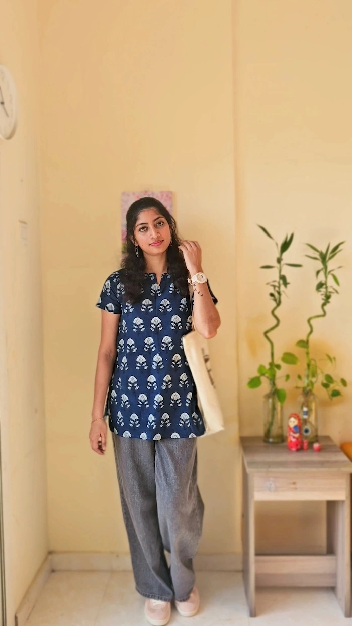 MIRAY Women's Cotton Short Kurti – Indigo Blue Hand Block Printed Casual Top - Image 2