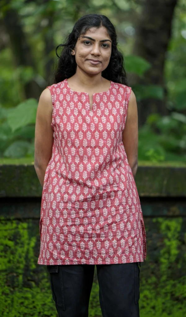 MIRAY Women's Sleeveless Cotton Kurti – Red Hand Block Printed Tunic Top for Casual & Office Wear - Image 4