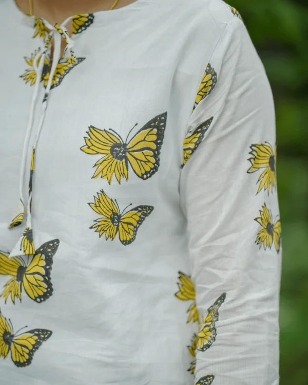 MIRAY Women's White Cotton Kurti – Butterfly Print Tunic Top with Tie-Up Neck - Image 4