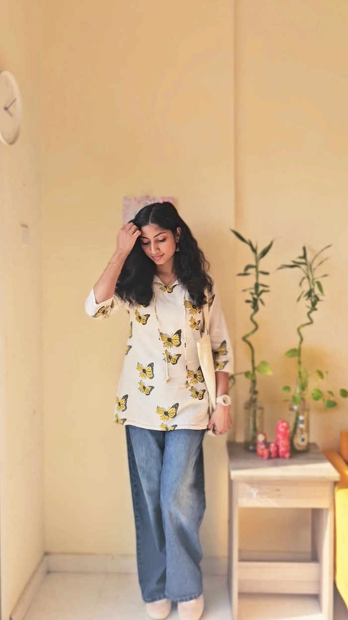 MIRAY Women's White Cotton Kurti – Butterfly Print Tunic Top with Tie-Up Neck - Image 4