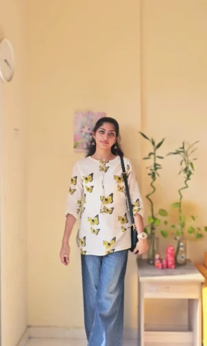 White Cotton Kurti – Butterfly Print Tunic Top with Tie-Up Neck