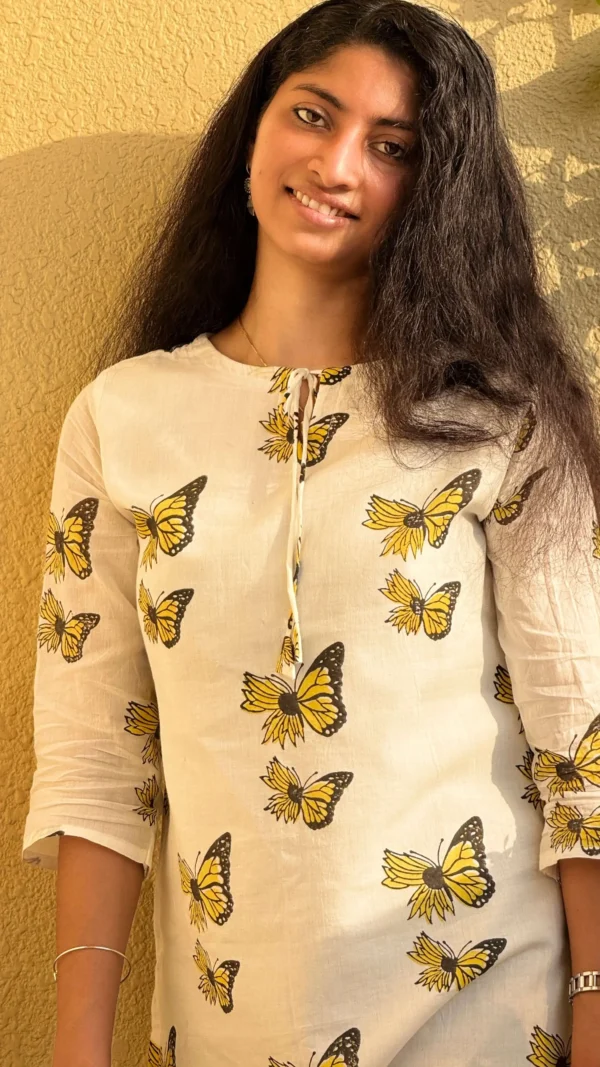 White Cotton Kurti – Butterfly Print Tunic Top with Tie-Up Neck