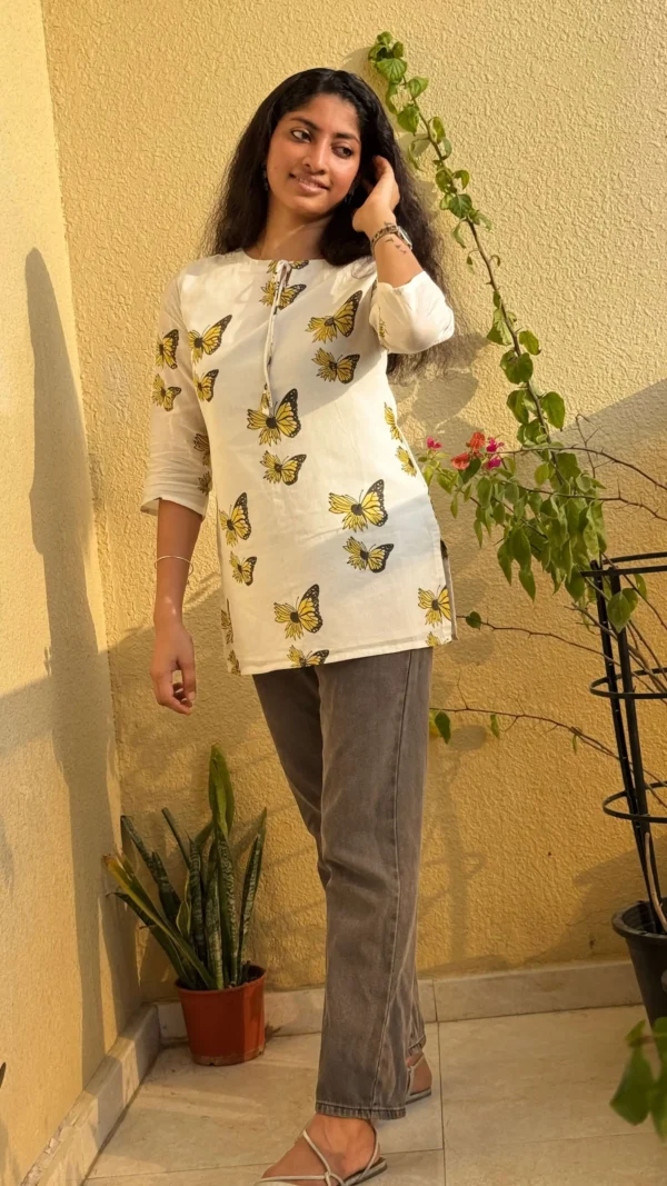 MIRAY Women's White Cotton Kurti – Butterfly Print Tunic Top with Tie-Up Neck - Image 2