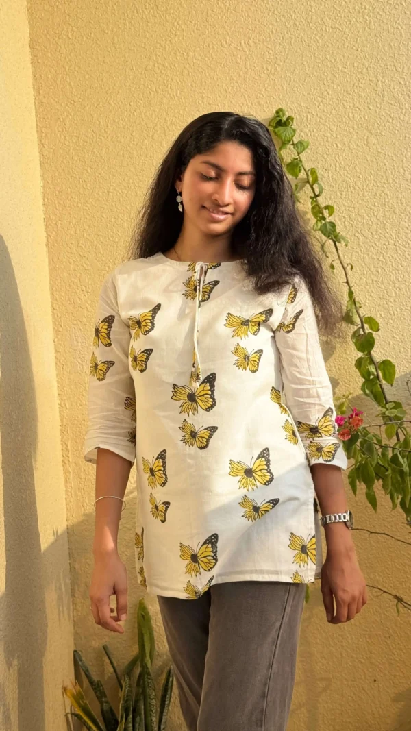 MIRAY Women's White Cotton Kurti – Butterfly Print Tunic Top with Tie-Up Neck - Image 4