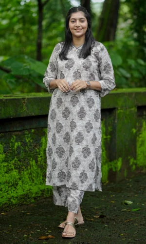 Women’s Cotton Block Print Co-ord Set in Ash Beige