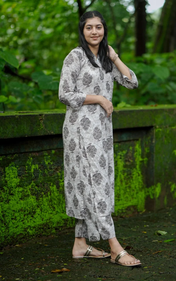 Women’s Cotton Block Print Co-ord Set in Ash Beige |MIRAY - Image 2