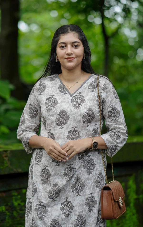 Women’s Cotton Block Print Co-ord Set in Ash Beige |MIRAY - Image 3