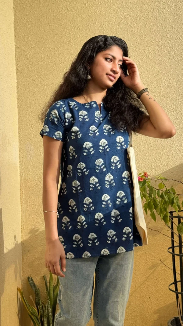 MIRAY Women's Cotton Short Kurti – Indigo Blue Hand Block Printed Casual Top - Image 3