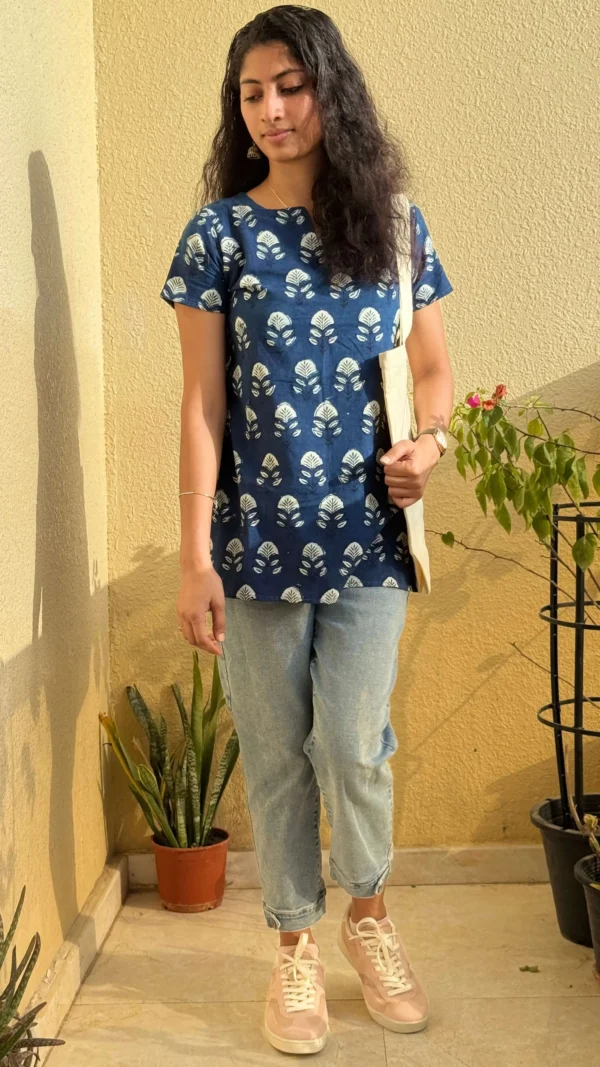 MIRAY Women's Cotton Short Kurti – Indigo Blue Hand Block Printed Casual Top - Image 4