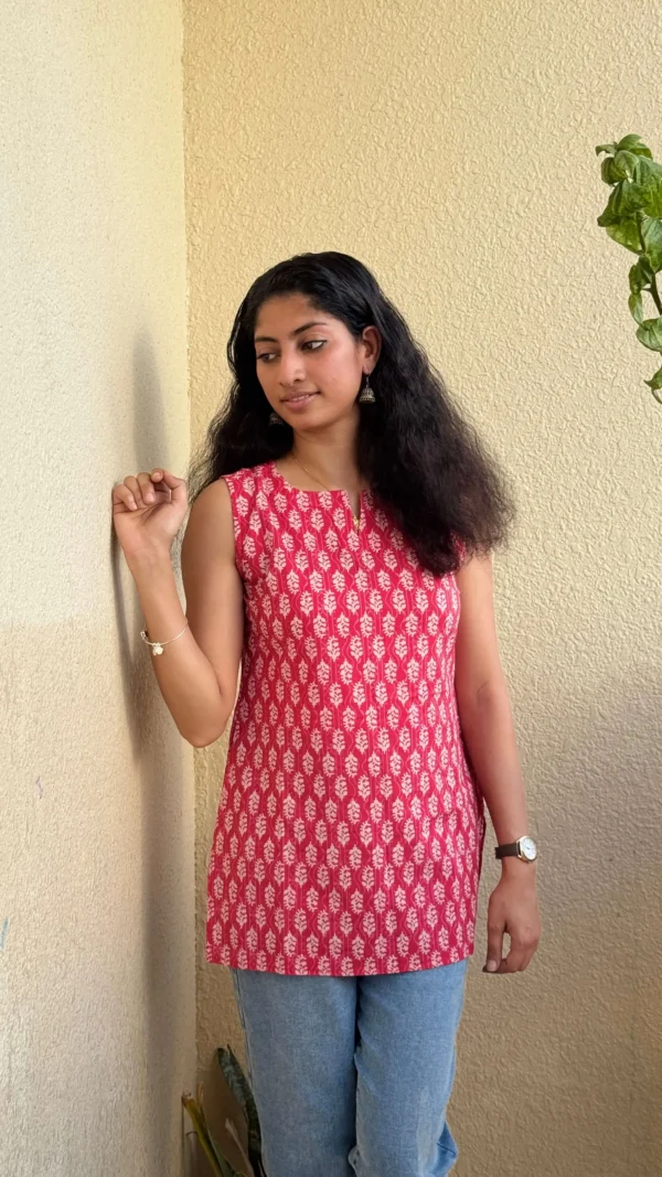 MIRAY Women's Sleeveless Cotton Kurti – Red Hand Block Printed Tunic Top for Casual & Office Wear - Image 3