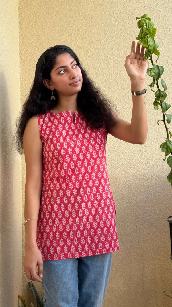 MIRAY Women's Sleeveless Cotton Kurti – Red Hand Block Printed Tunic Top for Casual & Office Wear - Image 4