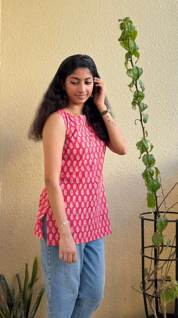 MIRAY Women's Sleeveless Cotton Kurti – Red Hand Block Printed Tunic Top for Casual & Office Wear - Image 5