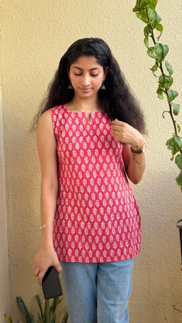 MIRAY Women's Sleeveless Cotton Kurti – Red Hand Block Printed Tunic Top for Casual & Office Wear - Image 2