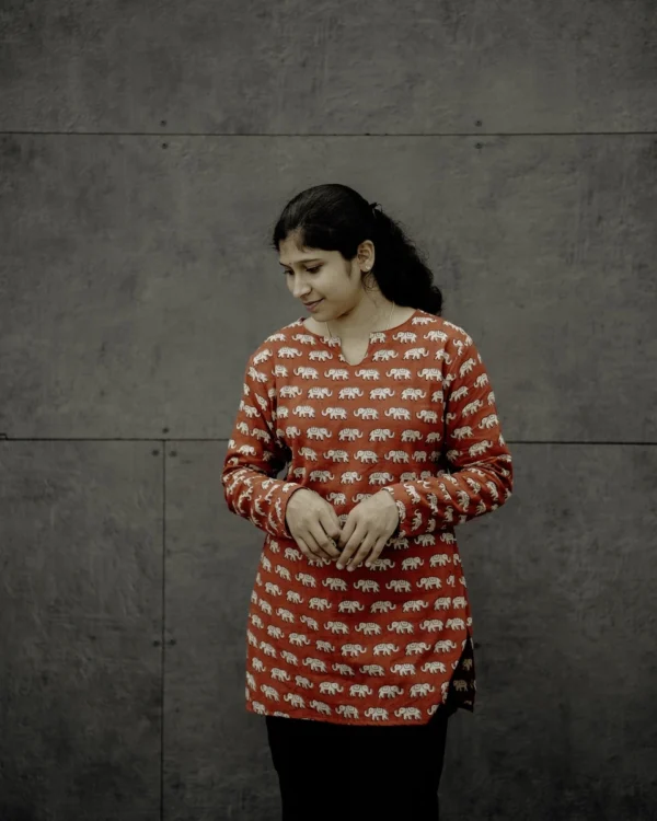 Women's Handblock Printed Cotton Elephant Top – Maroon & Beige | MIRAY - Image 3